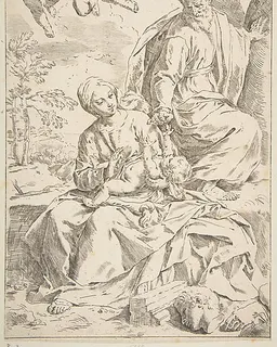 Rest on the flight into Egypt, Mary holding the infant Christ while St. Joseph hands him a fruit by Simone Cantarini