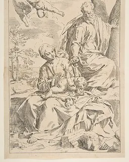 Rest on the flight into Egypt, Mary holding the infant Christ while St. Joseph hands him a fruit by Simone Cantarini