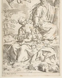 Rest on the flight into Egypt, Mary holding the infant Christ while St. Joseph hands him a fruit by Simone Cantarini