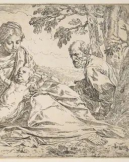 Rest on the flight into Egypt, Mary holding the infant Christ with St. Joseph at right by Simone Cantarini