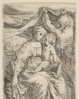 Holy Family with a curtain by Simone Cantarini