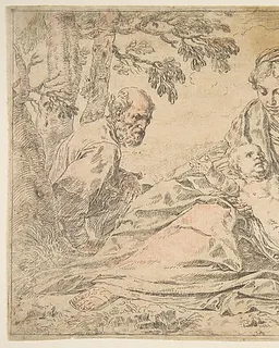 Rest on the flight into Egypt, Mary holding the infant Christ with St. Joseph at left by Simone Cantarini