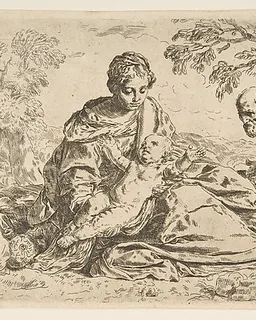 Rest on the flight into Egypt, Mary holding the infant Christ with St. Joseph at right, copy after Cantarini by Simone Cantarini