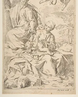 Rest on the flight into Egypt, Mary holding the infant Christ while St. Joseph hands him a fruit by Simone Cantarini
