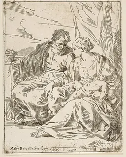 Rest on the flight into Egypt, Mary holding the infant Christ while St. Joseph points into the distance, copy after Cantarini by Simone Cantarini