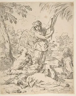 Repose in Egypt, Mary nursing the infant Christ while an angel pulls at tree branches by Simone Cantarini