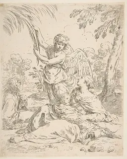 Repose in Egypt, Mary nursing the infant Christ while an angel pulls at tree branches by Simone Cantarini
