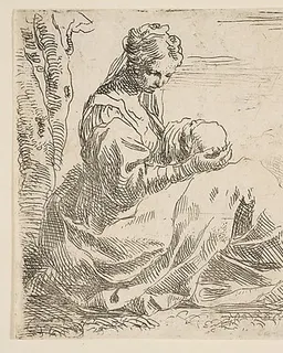 Rest on the flight into Egypt, Mary holding and looking at the infant Christ while St. Joseph reads by Simone Cantarini