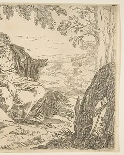 Rest on the flight into Egypt, Mary holding the infant Christ while St. Joseph points into the distance by Simone Cantarini