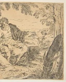 Rest on the flight into Egypt, Mary holding the infant Christ while St. Joseph points into the distance, copy after Cantarini by Simone Cantarini