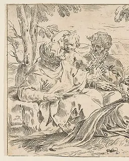 Holy Family with Saint Elizabeth and Saint John the Baptist, copy in reverse after Cantarini by Simone Cantarini