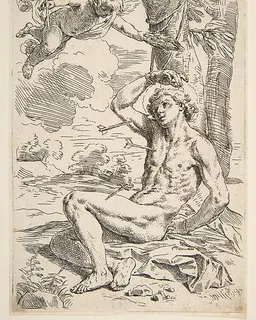 Saint Sebastian pierced with arrows and tied to a tree by Simone Cantarini