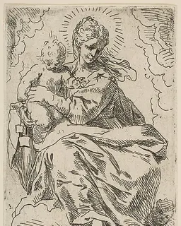 Madonna and Child on clouds by Simone Cantarini