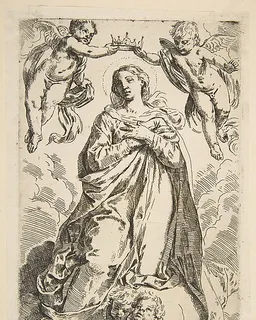The Virgin being crowned by two angels, copy after Cantarini by Simone Cantarini