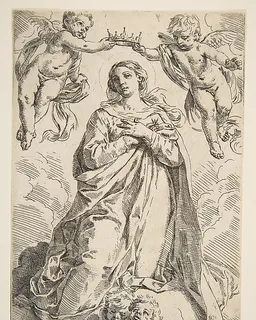 The Virgin being crowned by two angels by Simone Cantarini