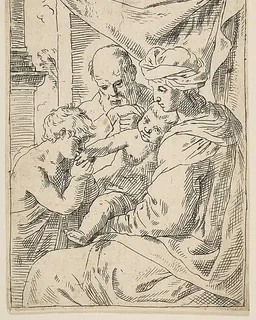Holy Family with Saint John the Baptist kissing the infant Christ's hand, copy in reverse after Cantarini by Simone Cantarini