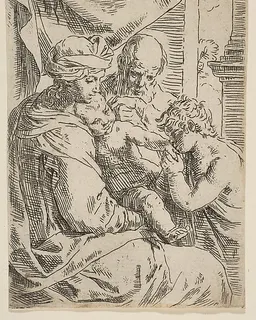 Holy Family with Saint John the Baptist kissing the infant Christ's hand by Simone Cantarini