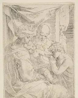 Holy Family with Saint John the Baptist kissing the infant Christ's hand by Simone Cantarini