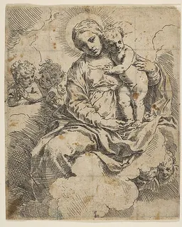 Madonna and Child seated on clouds and surrounded by angels by Simone Cantarini