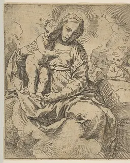 Madonna and Child seated on clouds and surrounded by angels, copy in reverse after Cantarini by Simone Cantarini