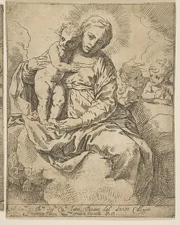 Madonna and Child seated on clouds and surrounded by angels, copy in reverse after Cantarini by Simone Cantarini
