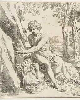 Saint John the Baptist in the desert, copy in reverse after Cantarini by Simone Cantarini