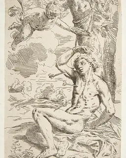 Saint Sebastian pierced with arrows and tied to a tree, copy after Cantarini by Simone Cantarini
