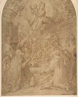 The Virgin and Child Appearing to Saint Peter, Saint Damasus, Saint Lawrence, and Saint Paul; the Martyrdom of Saint Lawrence in the Background by Federico Zuccaro (Zuccari)