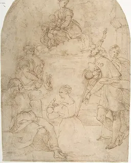 Saint Roch Recommending a Woman with a Sick Child to the Virgin (recto); Figure of a Man Holding a Book; Nude Figure of a Man (verso) by Anonymous, Italian, 16th century