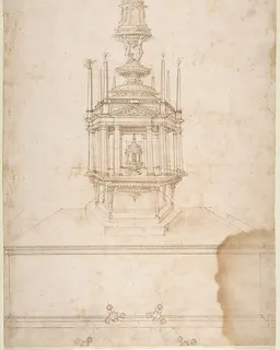 Design for an Polygonal Tabernacle, with Obelisks and a Pediment Surmounted by Three Figures Supporting a Tempietto-like Structure by Galeazzo Alessi