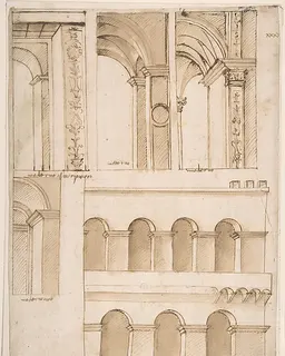 Architecture Study containing Details of One or Several Buildings (possibly part of the street-facing architecture of old Saint Peter's Square in Rome) by Anonymous, Italian, 16th century
