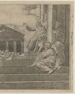 Martha leading Mary Magdalene up a flight of stairs to Christ who is seated at right at the entrance to a temple by Marcantonio Raimondi
