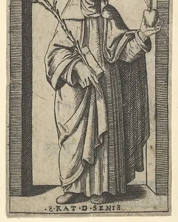 Saint Catherine of Siena standing holding flowers and book in her right hand, a heart and crucifix in her left, from "Piccoli Santi" (Small Saints) by Marcantonio Raimondi