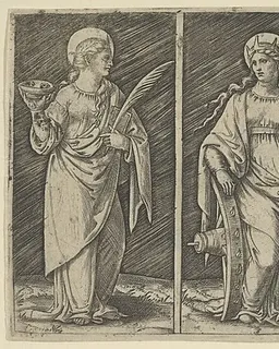 Saint Barbara (left), Saint Catherine, (center), Saint Lucy (right) by Marcantonio Raimondi