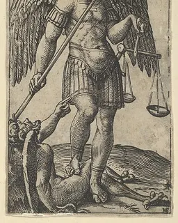 Saint Michael holding scales and a lance, a demon beneath him, from "Piccoli Santi" (Small Saints) by Marcantonio Raimondi