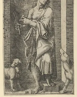 St Lazarus flanked by two dogs, from "Piccoli Santi" (Small Saints) by Marcantonio Raimondi