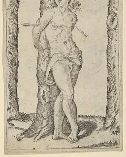 Saint Sebastian tied to tree pierced with arrows, from "Piccoli Santi" (Small Saints) by Marcantonio Raimondi