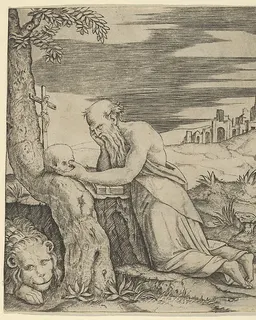 St Jerome kneeling before a crucifix, a skull in his left hand, a lion laying at the left by Marcantonio Raimondi