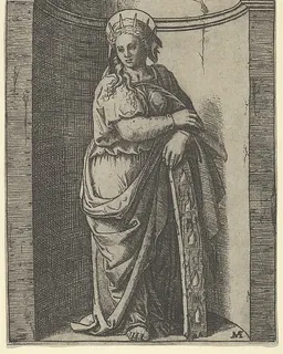 Saint Catherine standing in a niche, resting on a wheel, her instrument of torture by Marcantonio Raimondi