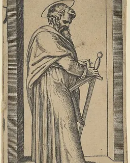 Saint Paul holding a book and a sword facing right by Marcantonio Raimondi