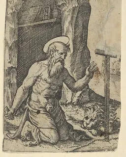 Saint Jerome kneeling before a crucifix, from "Piccoli Santi" (Small Saints) by Marcantonio Raimondi
