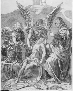 The Body of Christ Supported by Three Angels by Agostino Veneziano (Agostino dei Musi)