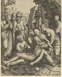 The lamentation of the dead Christ who is supported by the Virgin Mary and surrounded by other figures by Anonymous