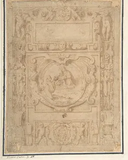 Design for a Cartouche with the "IHS" Monogram of the Society of Jesus, Putti, Fantastick Creatures, at the Borders, a Central Scene of the Virgin and Child with a Monastic Figure, and the Family Arms of a Cardinal by Anonymous, Italian, second half of the 16th century