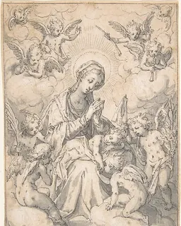 The Virgin and Child Surrounded by Little Angels in the Clouds by Friedrich Sustris