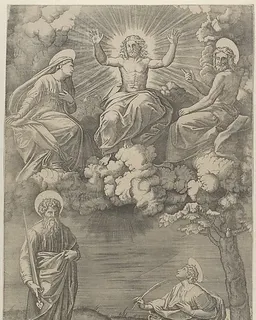 Christ flanked by the Virgin and St. John in the upper section, St. Paul and St. Catherine below by Marcantonio Raimondi