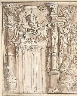 Design for a Stage Set: Solomon Receiving the Queen of Sheba under a Baldacchino, with Fantastical Architecture and a Gardenscape by Carlo Galli Bibiena