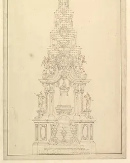 Elevation of a Catafalque: the Central Part Comprised of a Series of Steps to Top; with Statues and Central Cartouche with a Figural Scene: a Figure Kneeling before Virgin and Child (?) by Giuseppe Galli Bibiena