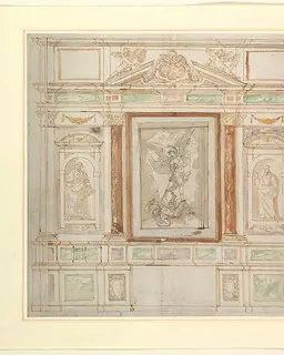 Architectural Design for a Monumental Altar, with a Composition with Saint Michael Against Satan and two Saints (Saints Peter and Paul?) by Anonymous