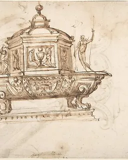 Design for a Liturgical Object with Statues of a Kneeling Saint and the Risen Christ (recto); Design for a Sepulcher (?) and Drawing of a Putto (verso) by Anonymous, Italian, 18th or early 19th century